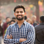 happy indian man at street market